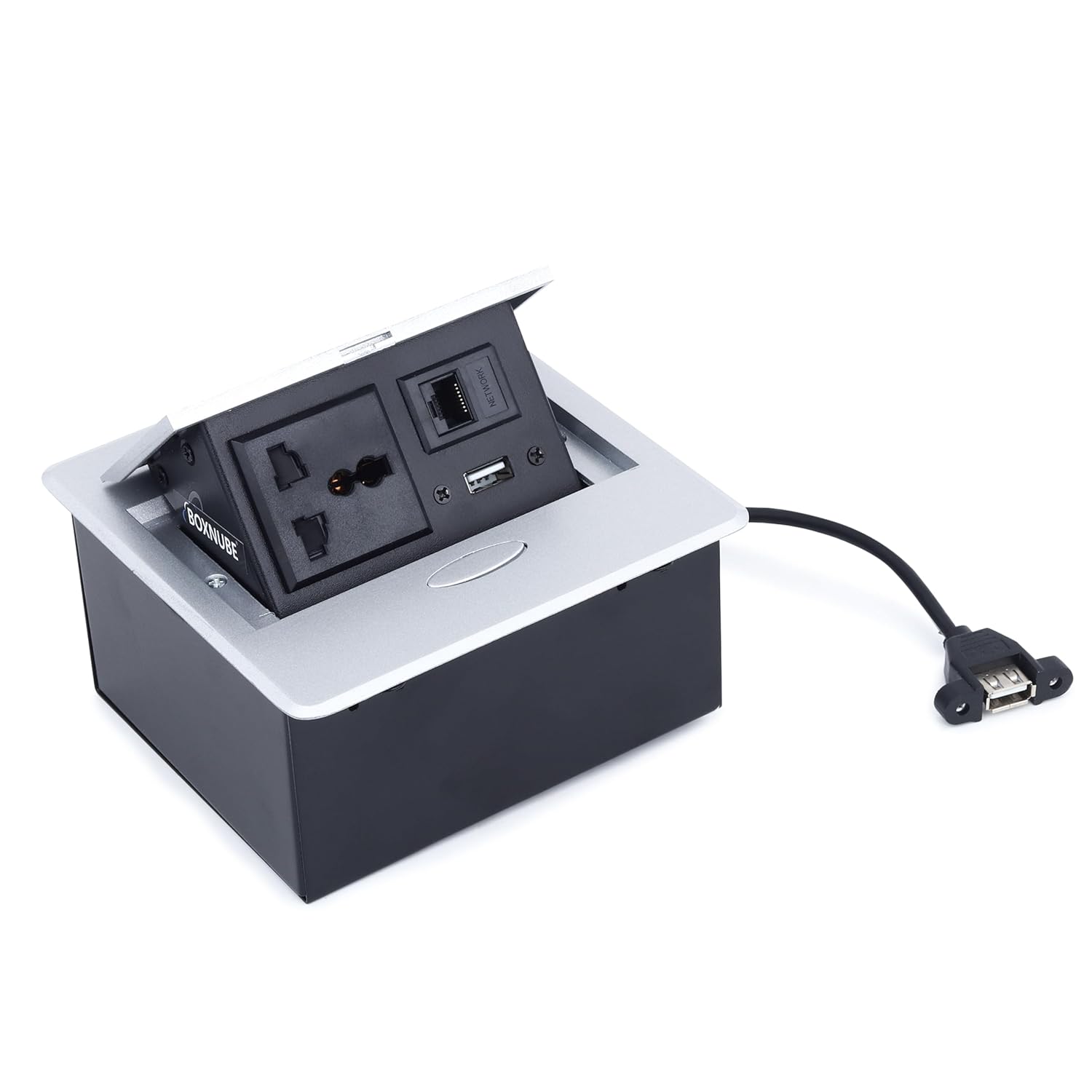 BOXNUBE Hydraulic Pop UP Box Cable Cubby Square Extension Board with 1 x Universal Power Sockets, 1 x Ethernet/LAN, 1 x USB Type A Ports BOXNUBE Hydraulic Pop UP Box Cable Cubby Square Extension Board with 1 x Universal Power Sockets, 1 x Ethernet/LAN, 1 x USB Type A Ports